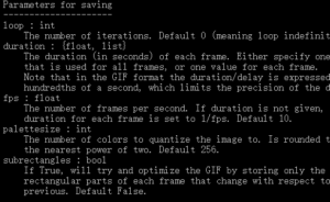 imageio.mimwrite() gif parameters