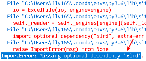 python pandas read excel - import error - missing optional dependency xlrd