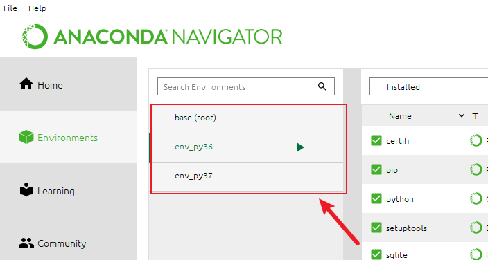Use Anaconda Navigator to list all virtual environments