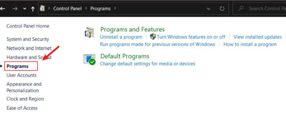 open control panel and click programs
